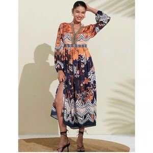 Anthropologie Bhanuni By Jyoti Patterned Maxi Dress Beaded Detail Size 2